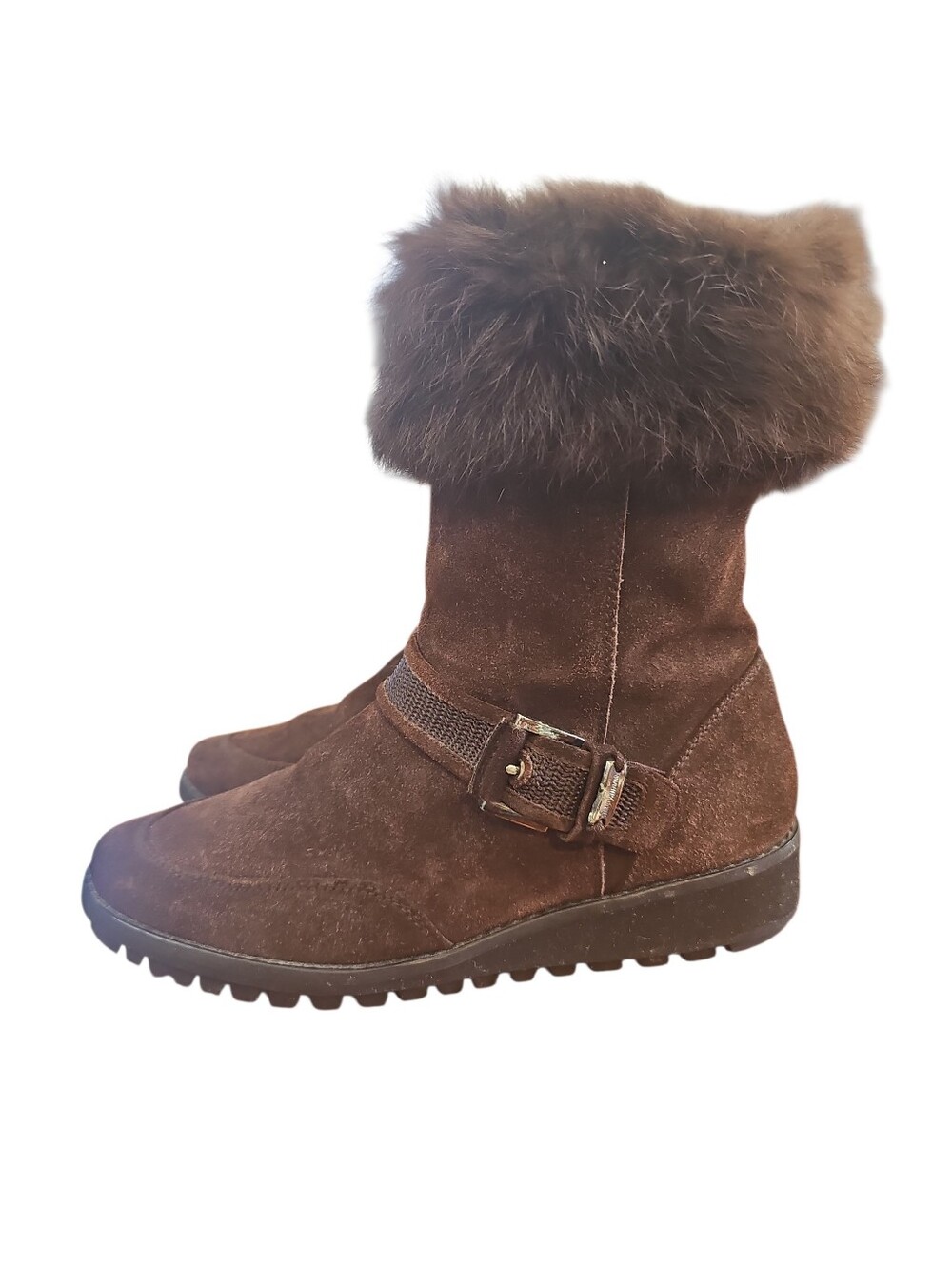 Stuart Weitzman Brown Suede Fur Moto Boots Winter 7 Mid Calf GUC Buckle Spain